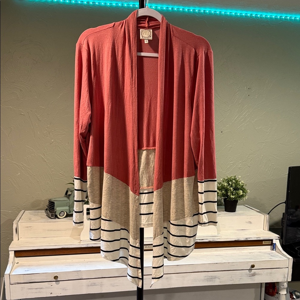 Elegant Coral and Cream Striped Women's Cardigan